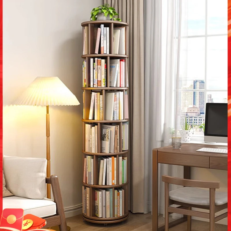 

Full solid wood rotating bookshelf, 360 degree movable, home living room, children's picture book, floor to floor storage rack