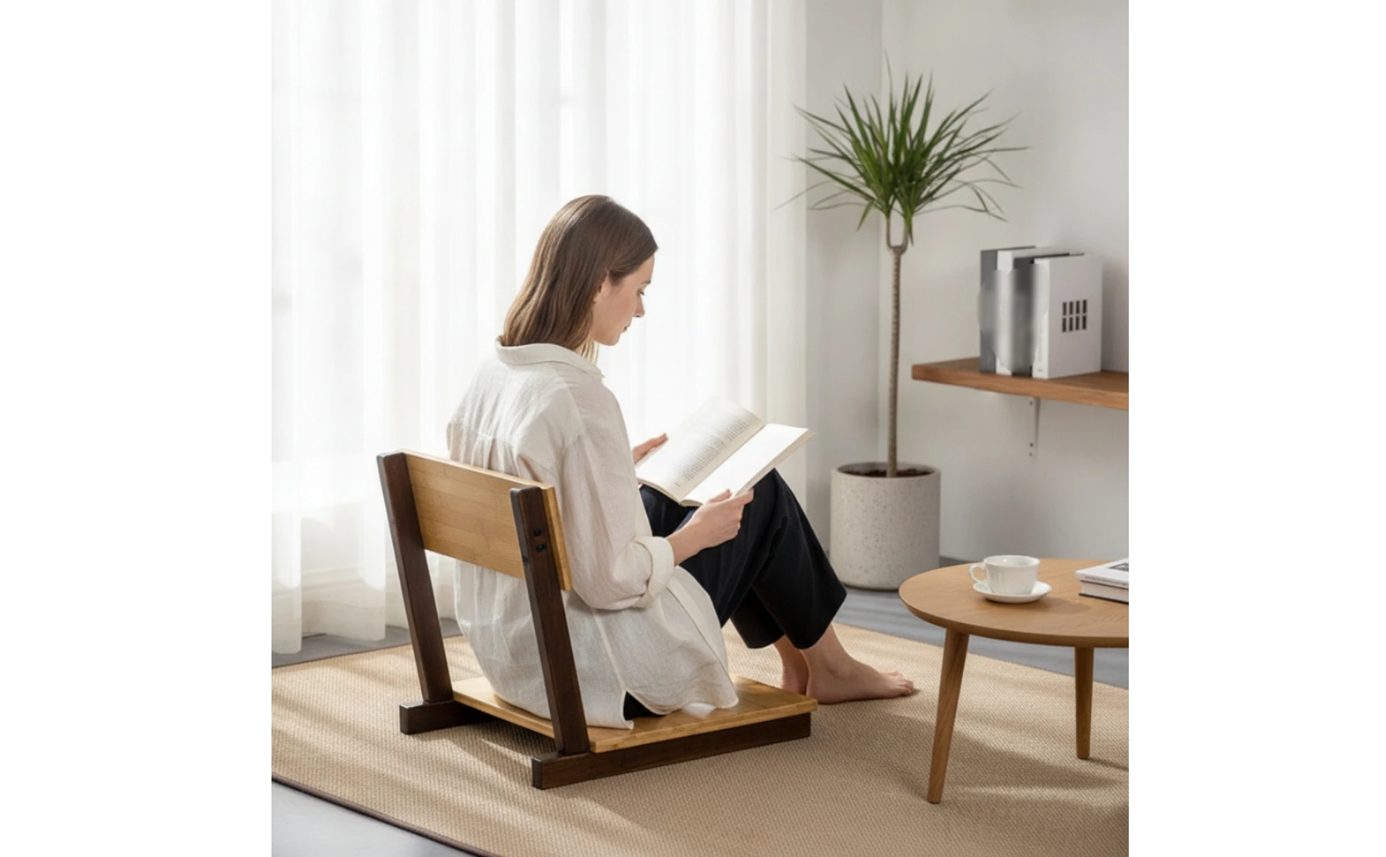 Bamboo Folding Floor Chair with Backrest Japanese-inspired Low-profile Seat for Meditation or Tea Time