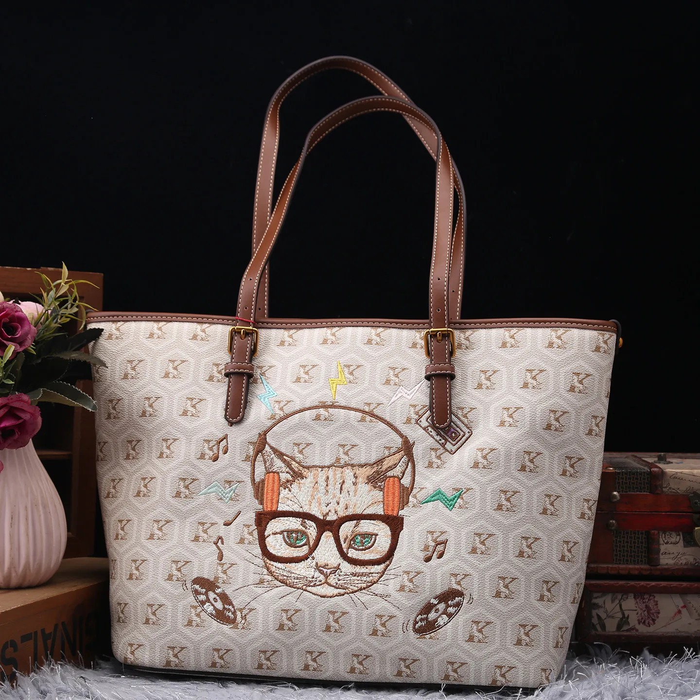 

Роскошные дизайнерские сумки большой вместимости и нежная сумка-тоут с вышивкой кота в стиле ретро и винтажной сумкой для покупок на плечо