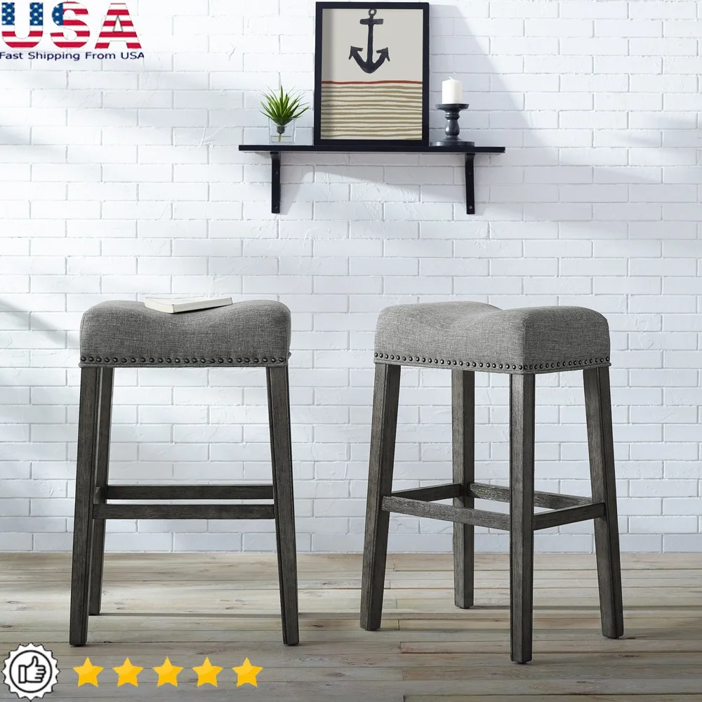Backless Saddle Seat Bar Stools Set of 2 Wood Upholstered Kitchen Dining Room Extra Seating Space Saving Cushioned Design Easy