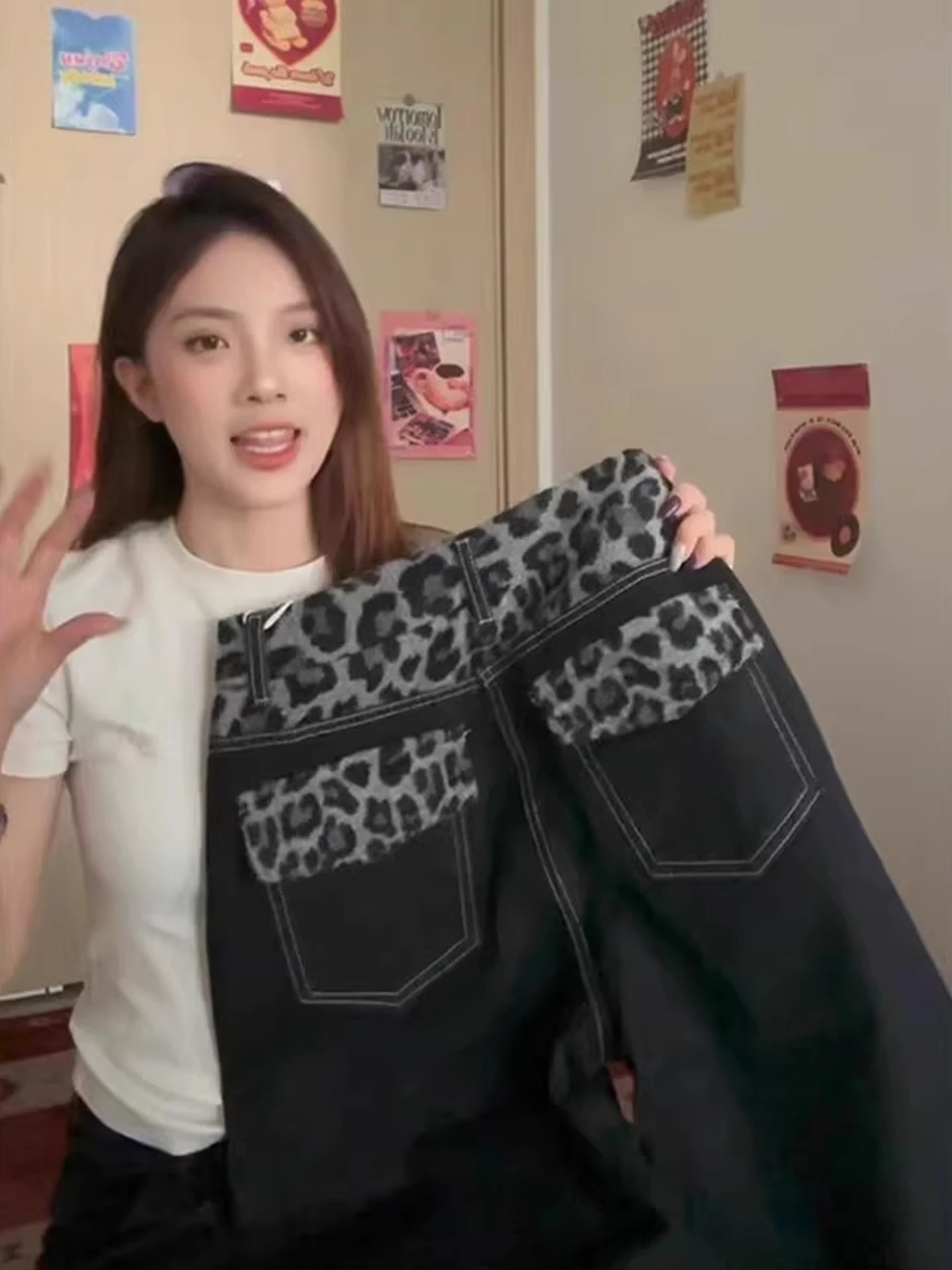 American Retro Plush Leopard Print Patchwork Personalized Loose Drapey Straight Leg Floor-Length Jeans for Men And Women