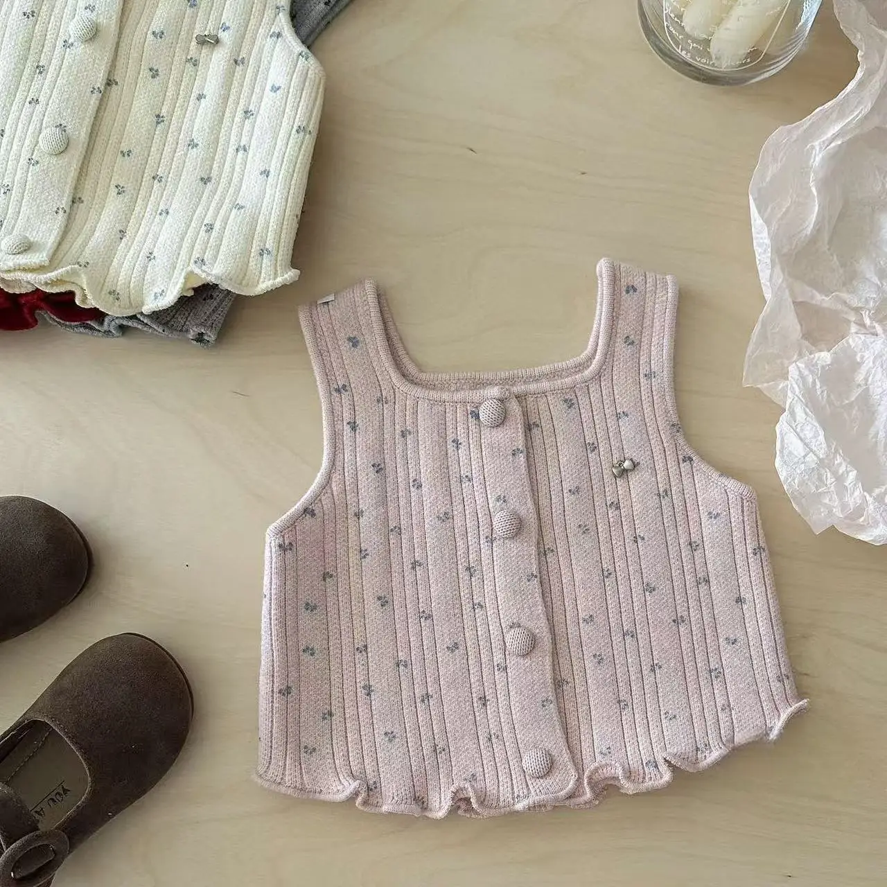 الخريف طفل الفتيات محبوك سترة الرضع الأزهار طباعة واحدة الصدر أكمام البلوزات طفل صدرية 0-3 سنة #5