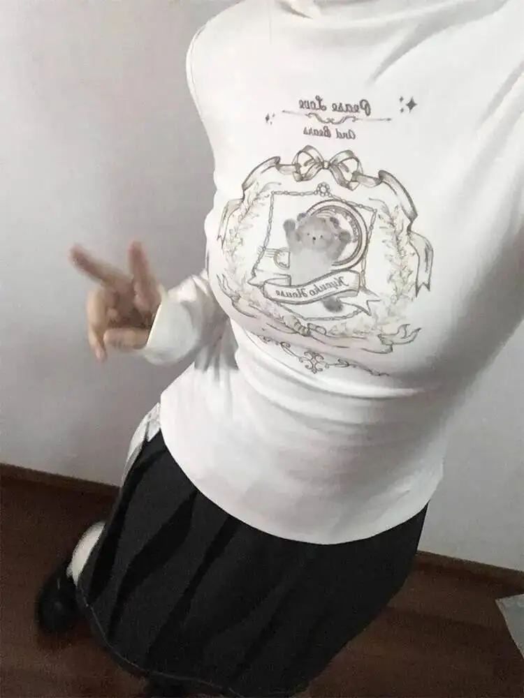 

Women Base Layer 2025 Autumn Winter New Women's White Bear Print T-shirt Neck Slim Fit Hottie Style Long Sleeve T Shirt
