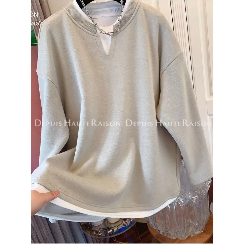 Dames gesplitst effen kleur ronde hals trui met lange mouwen nep tweedelig sportsweatshirt dieptepunt shirt losse top