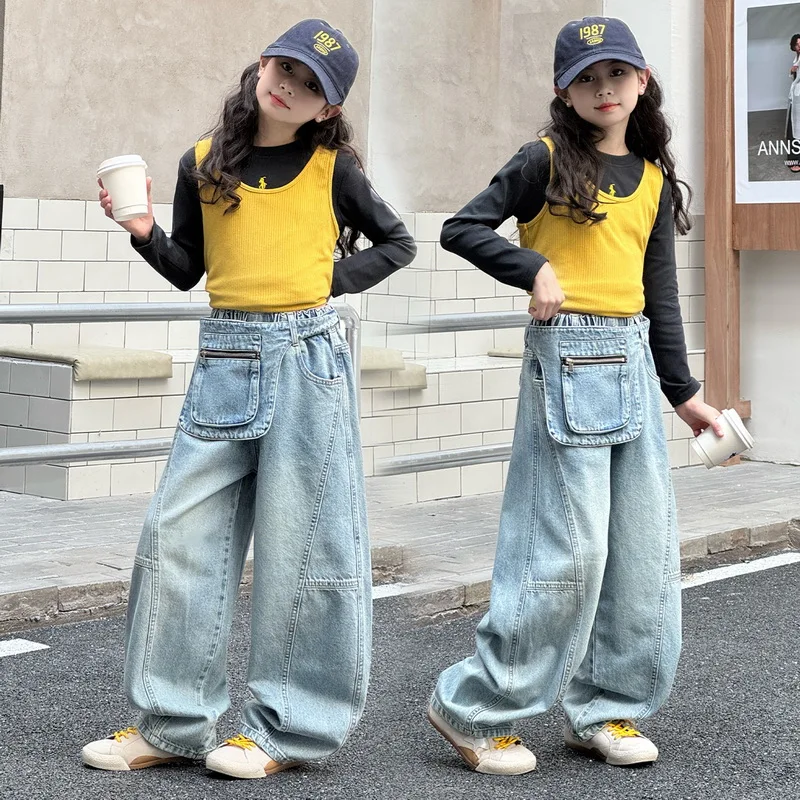New Children Fashion Style Loose Straight Jeans with Waist Bag for Teen Girls Elegant Denim Pants Kids Spring Autumn Trousers