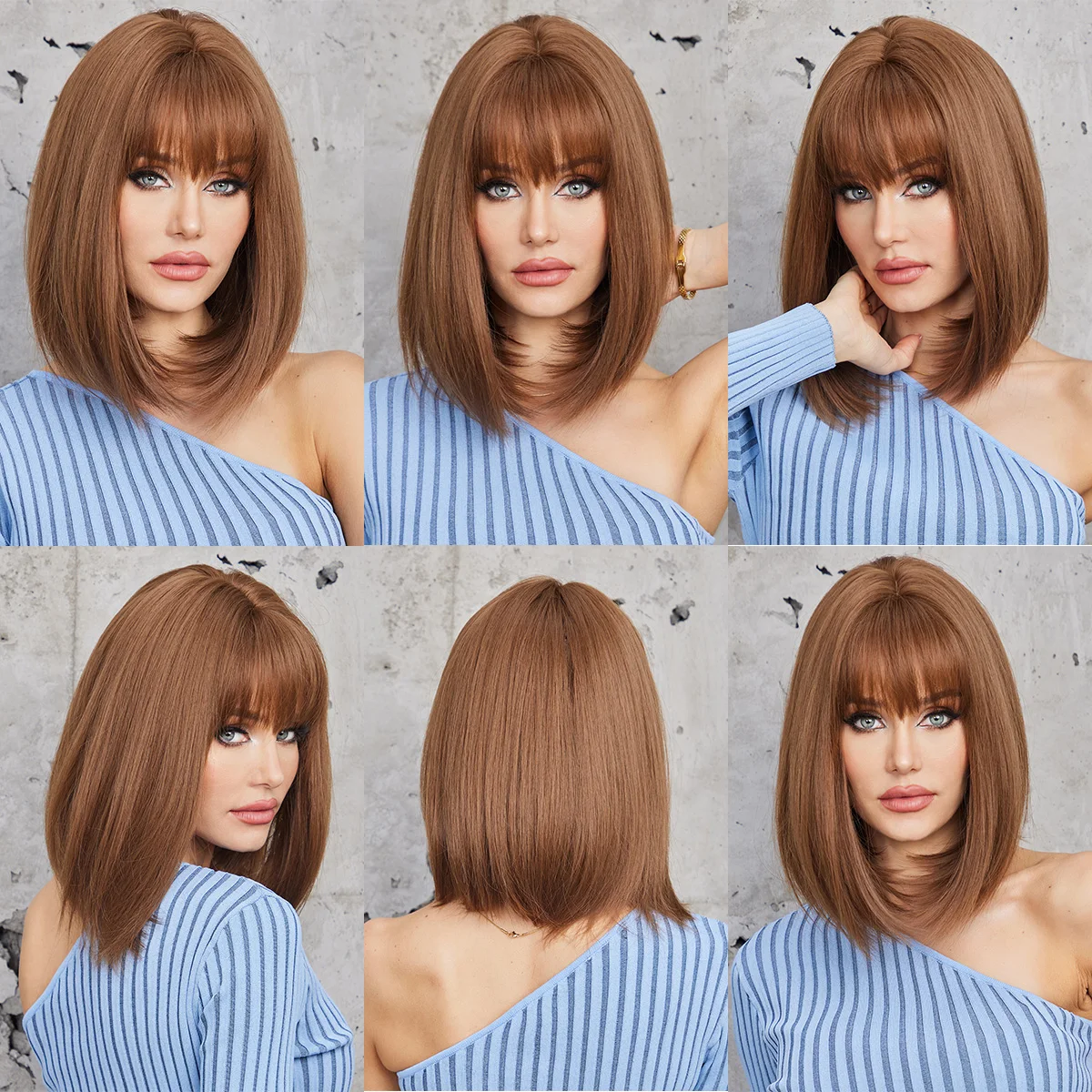 LOUIS FERRE Short Straight Synthetic Wigs for Women Brown Bob Wigs with Bangs Daily Cosplay Medium Length Heat Resistant Hair