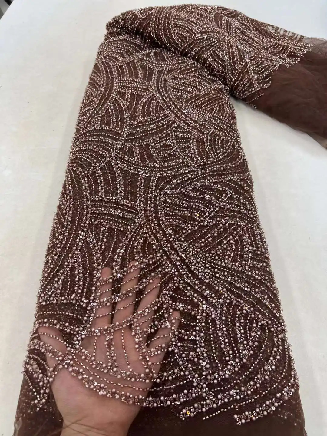 

High Quality Beaded Fabrics for Wedding Fabric Material White Bridal Lace with Sequins Pearl Luxury African Lace Fabric 5 Yards