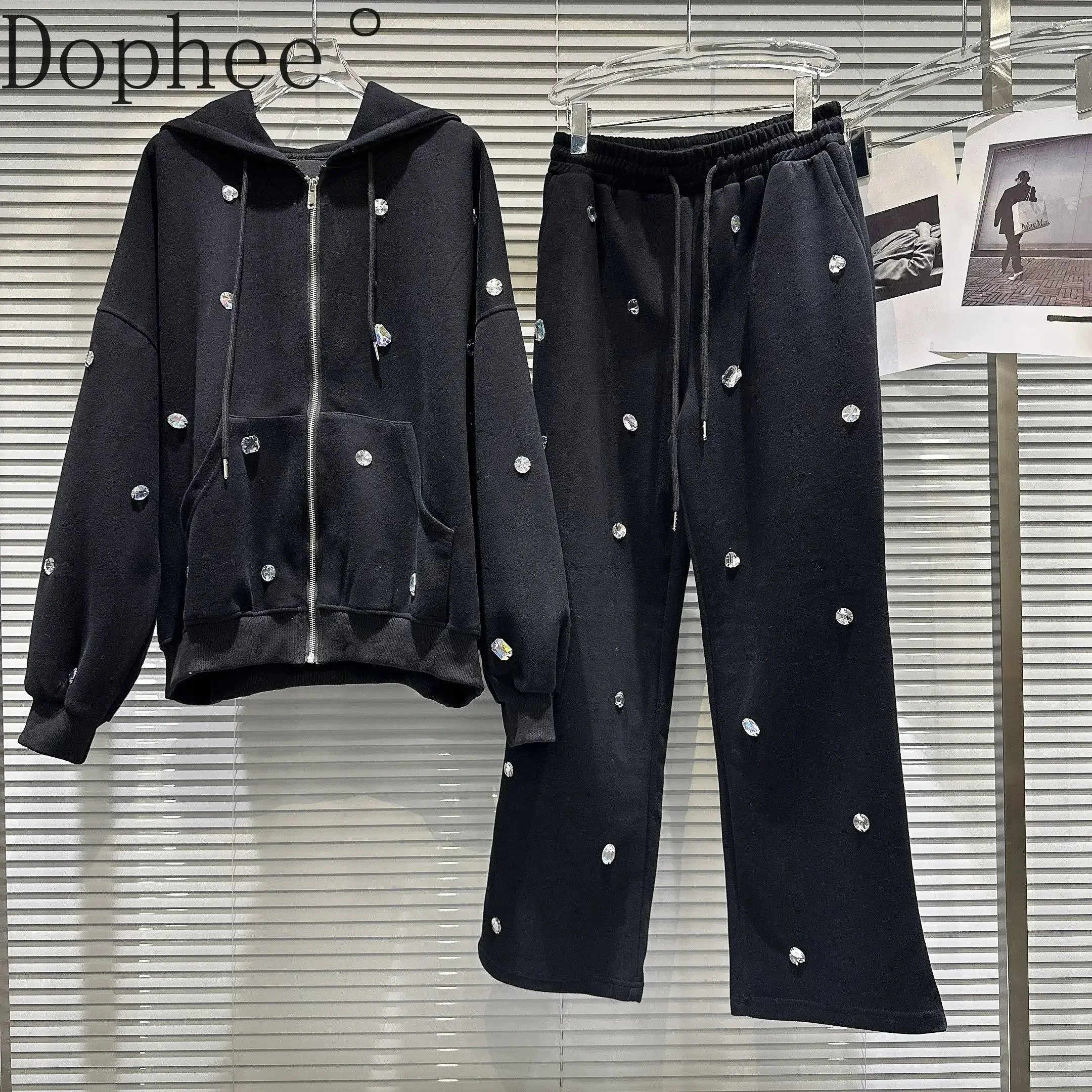 

2025 New Spring Women Hoodie Sets Gemstone Diamonds Hooded Zip Cardigans Coat + Elastic Waist Wide Leg Straight Pants Suits