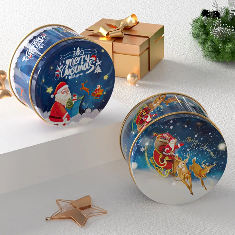 Christmas Candy Tin Round Cartoon Santa Claus Elk Letter Printed Tinplate Box Xmas Candy Chocolate Cookie Small Gift Boxes