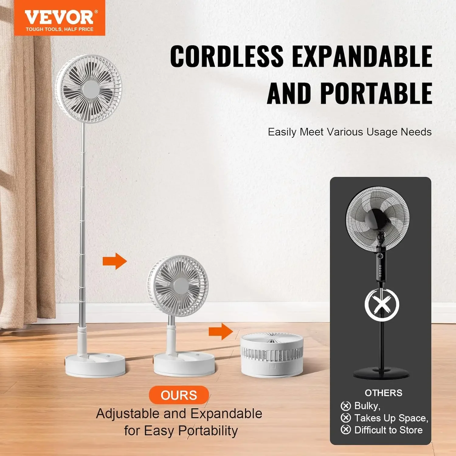 8 Inch Foldable Oscillating Standing Fan with Remote Control, 4 Speed Adjustable Desk Fan, 7200mah Rechargeable USB Small Fan