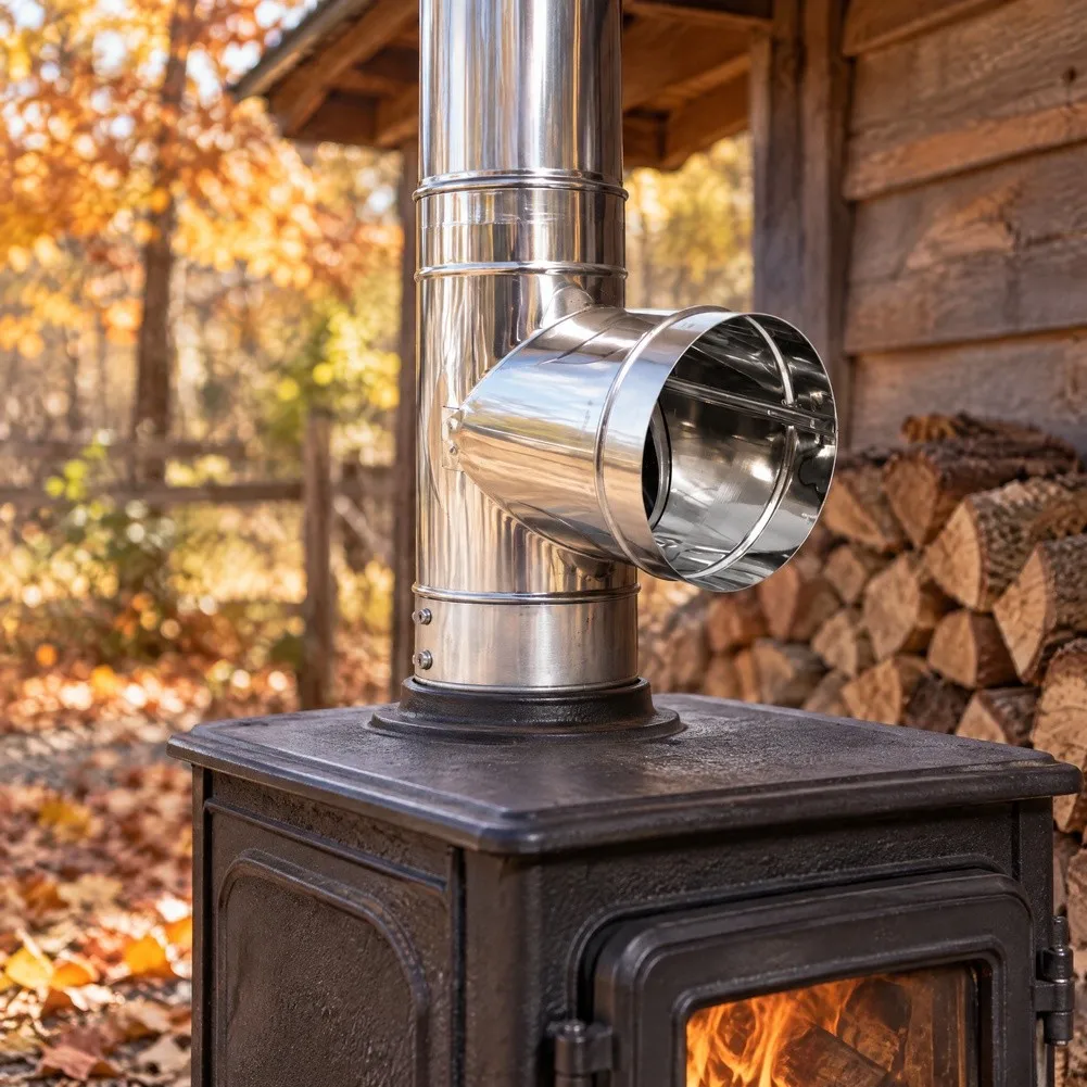 Stainless Steel Stove Pipe Tee Compatible with Standard Wood Stove Chimney Systems with 6 Inch ID and 33 x 27 x 18 cm Dimensions