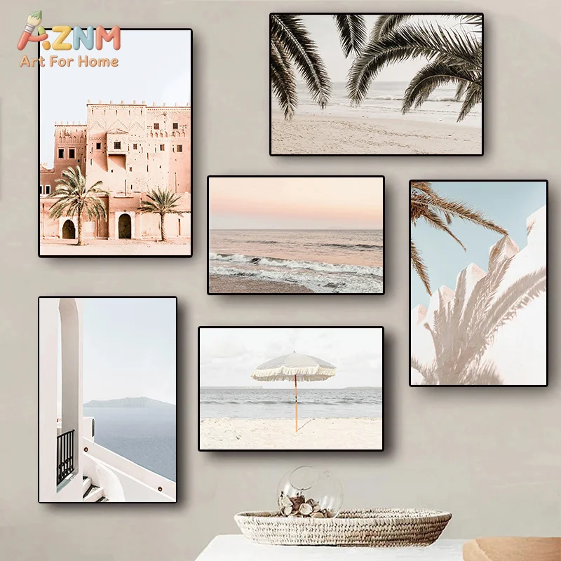 AZNM Neutral Mediterranean Coastal Building Canvas Poster, Frameless Soft Tone Seaside Street Beach Scenery Wall Art For Boho St