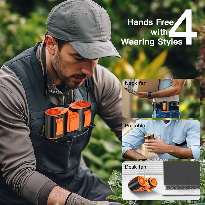 Double Air Duct High Speed Waist Hanging Fan 2-in-1 Digital Display Rechargeable Handheld Desktop Hanging Neck Clip New