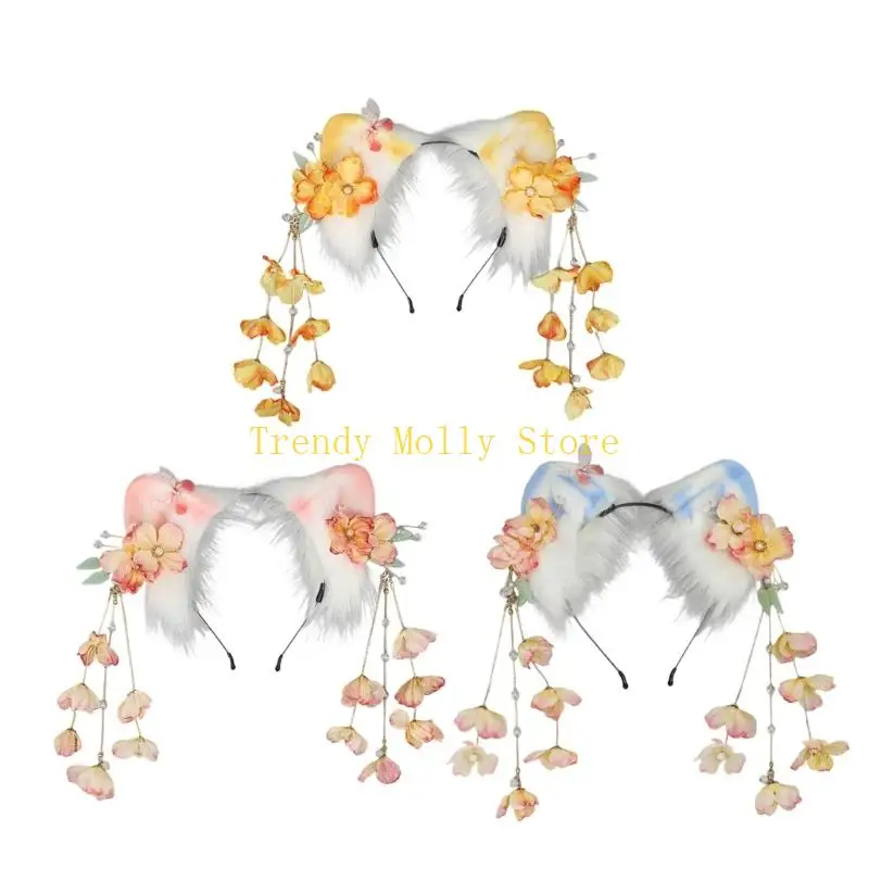 

N5KB Simulation Cats Ear Hairhoop With Tassels Decoration For Fashion Roleplay Event Women Anime Theme Party Headpiece