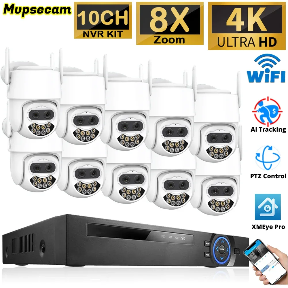 

Plug and Play 10CH 4K Video POE NVR Kit P2P Outdoor Color Night Vision 8MP Security PTZ WiFi Camera 10X Zoom CCTV System ICSEE