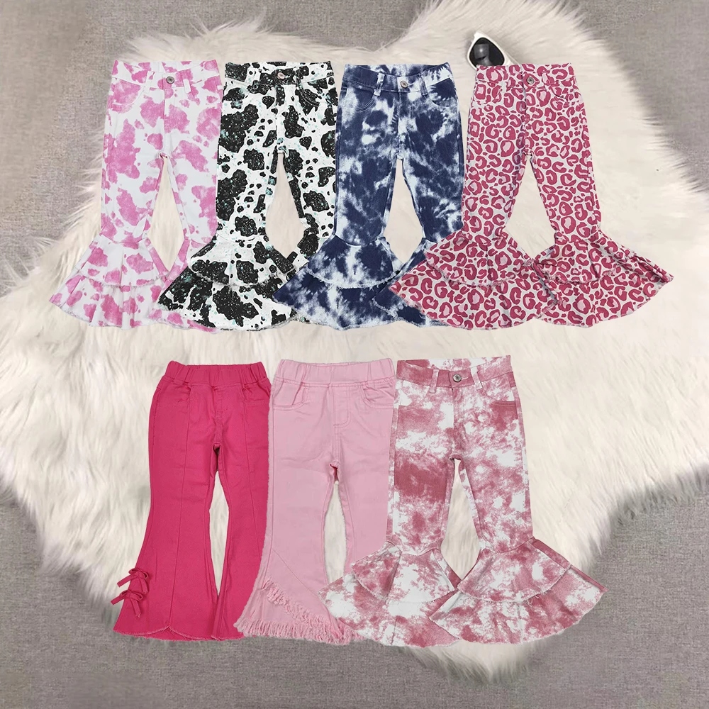 

P0406 Wholesale Hot Sale RTS jeans Pink and white cow pattern denim pants Western Boutique new arrival jeans baby girls clothes