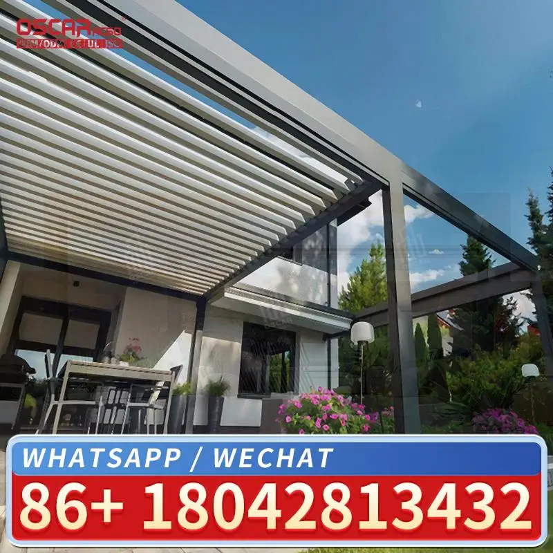 

China Aluminum Pergola and Gazebos Outdoor with Glass Sliding Doors LED Light Electric Roof for Garden Patio Backyard pergola