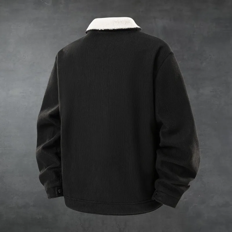 Lapel Pocket Work Jacket Velvet Thickened Autumn and Winter Coat Men's Zipper Cardigan Top
