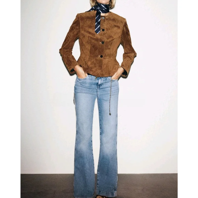 New Autumn Women's round Ne Long Sve A-Line Hem PU Leather Jaet Outerwear Sli Commute Slim Fit Polyester Fiber