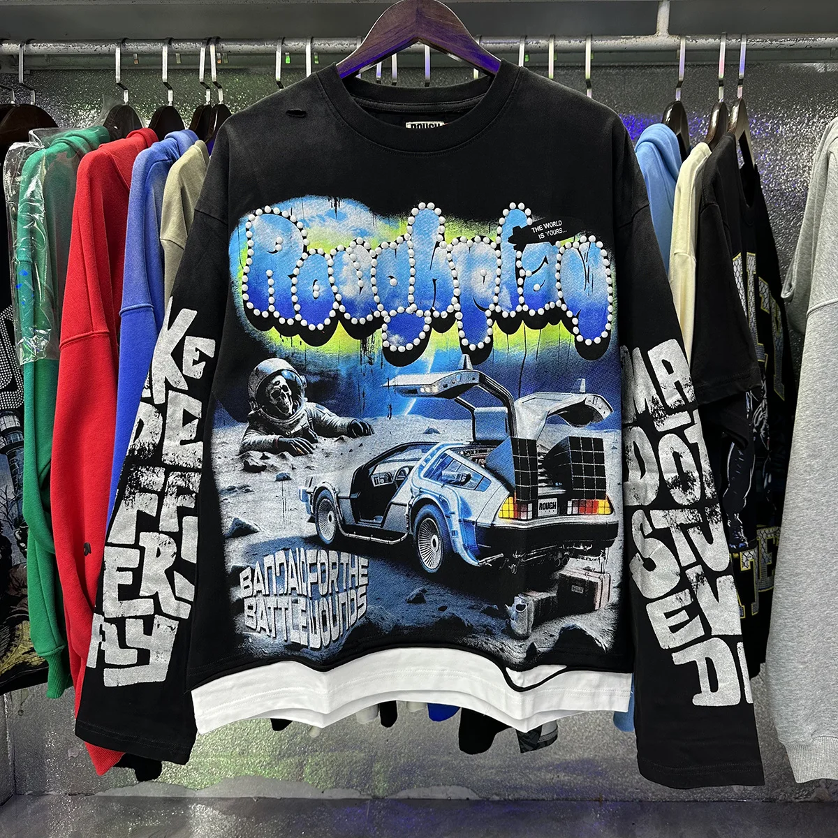 Retro Space Skeleton Print T-Shirt Long Sleeve Cotton Jeans Pants Youth Fashion Streetwear Anti-fade Easy-care Cotton Tee