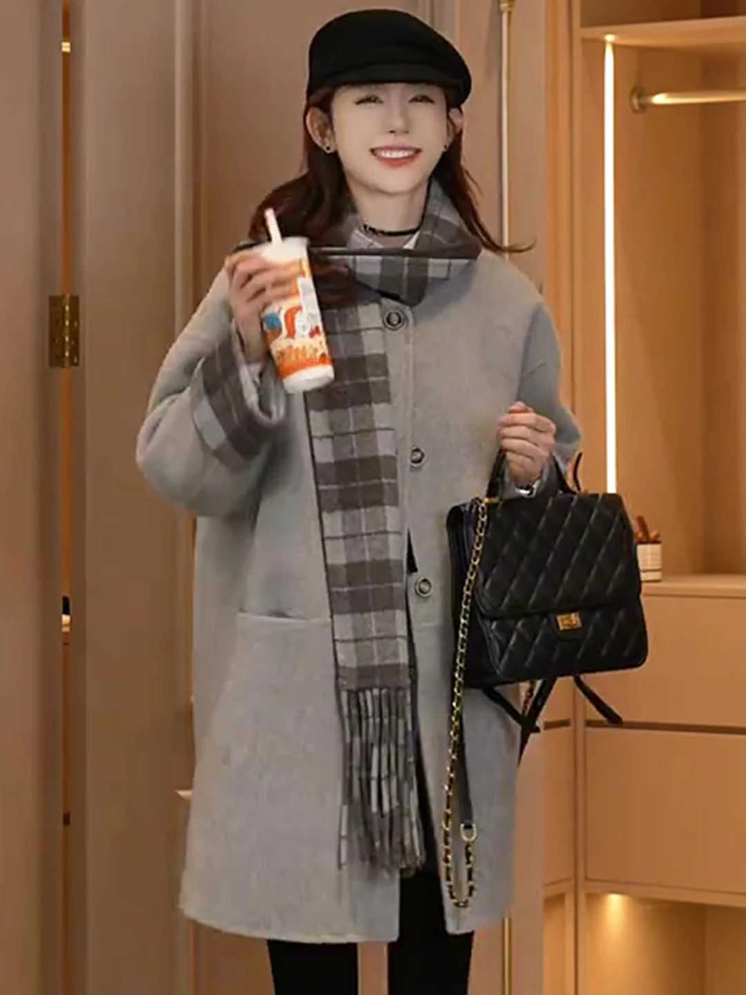 

Donna Winter New Design Woolen Scarf ey Coat Women Ele Small Fraance Jaet French Sle Long Sve Midi Coat