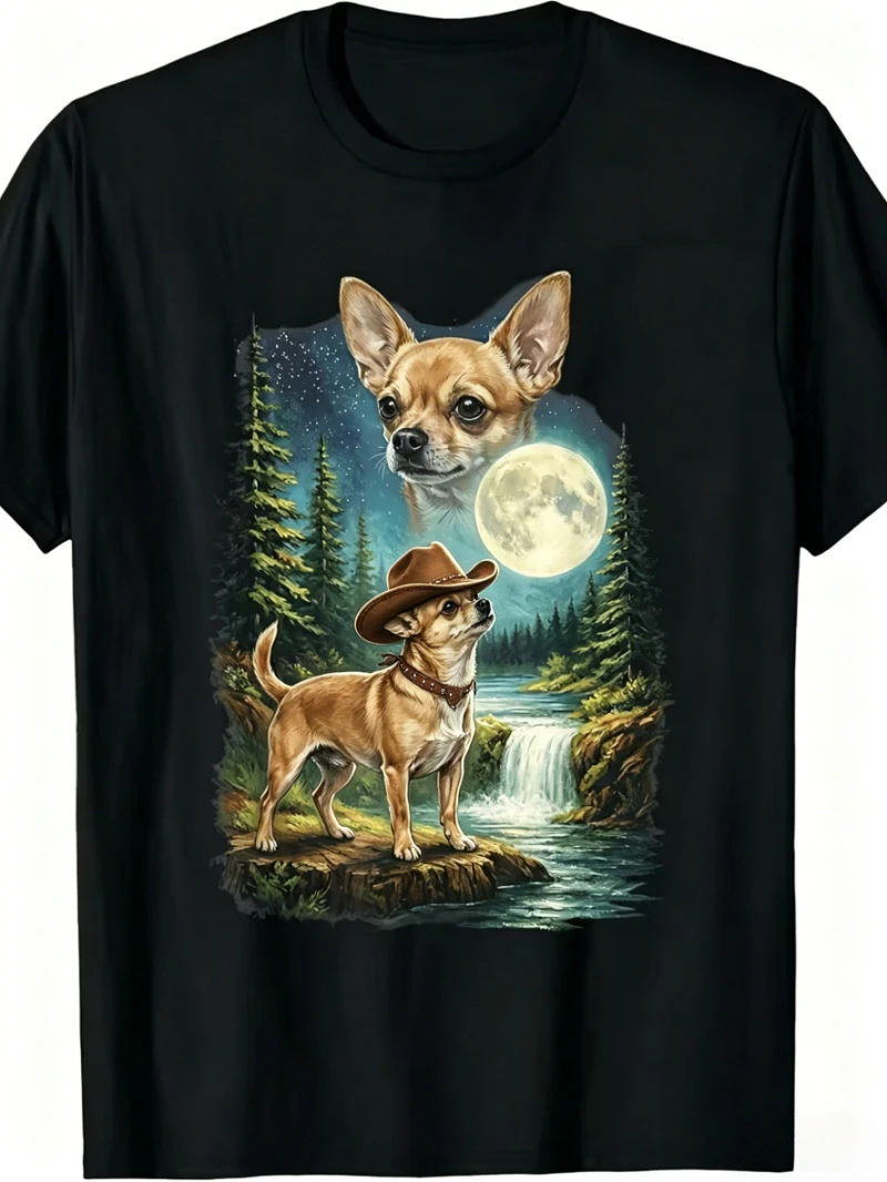 Retro Chihuahua Moon Print T-Shirt Vintage Forest Graphic Kurzarm-Tops für Männer und Frauen, lässig, locker, Streetwear, Alltagskleidung – Detail 2