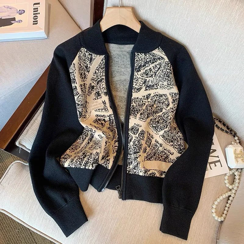 Clothes for Women Vintage Print Patchwork Zipper Knitted Cardigan Y2K Female Long Sleeve Loose Outerwears Chic Sweater Jacket