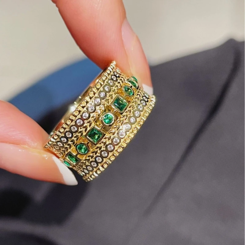 

BELLUX 925 Silver Gold Plated Ring Vintage Italian Fine Brushed Hollow Full Diamond Synthetic Muzo Emerald Ring