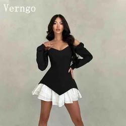 Verngo Contrast Color Satin Mini Prom Gowns For Women Full Sleeves A Line Short Party Dress Simple Formal Dress Outfit