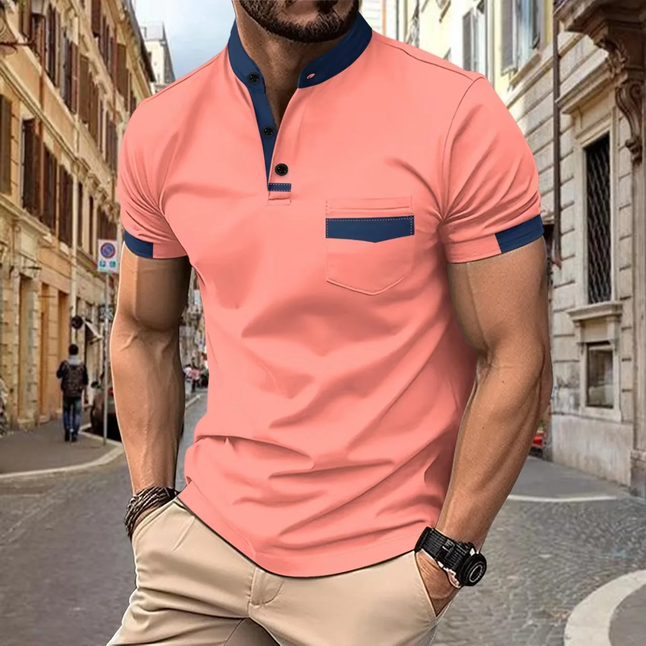 

2024 Summer Men's Sports Speed Dry Polo Shirt Striped Henley Neck Men's Short Sleeve Polo Polo Shirt