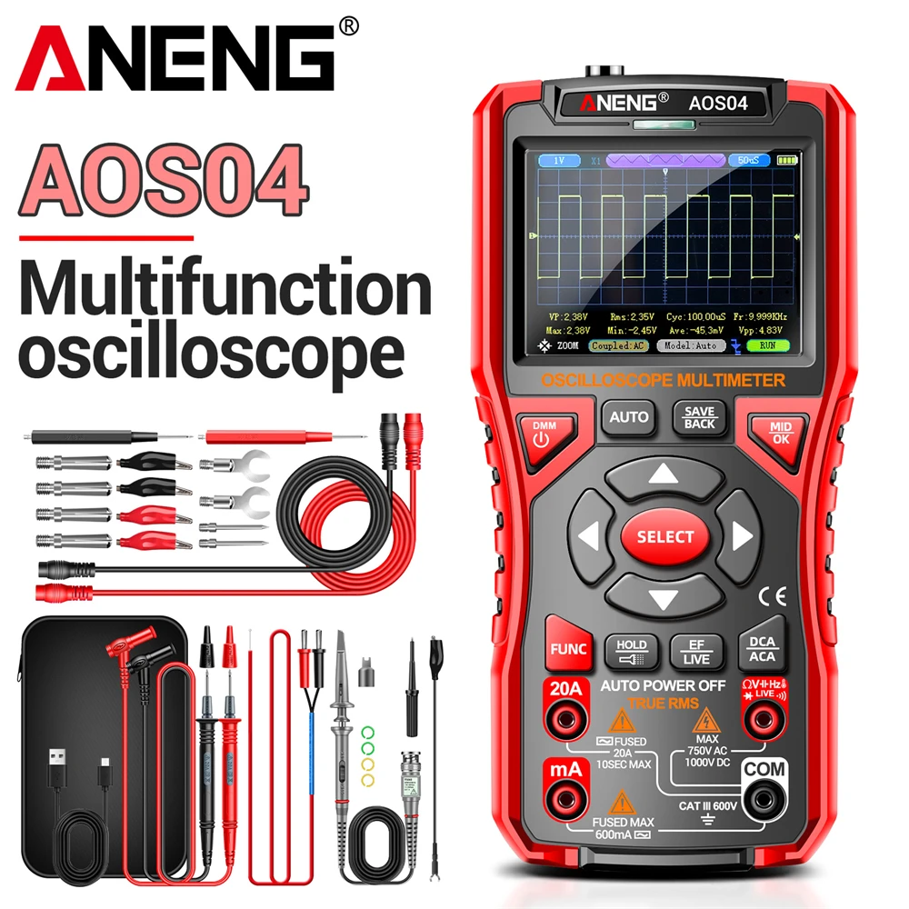 

2-in-1 Oscilloscope Multimeter with 3.2 Inch Waveform ,10MHz Bandwidth 50MSa/s Sample Rate Multi-function Detection ANENG AOS04