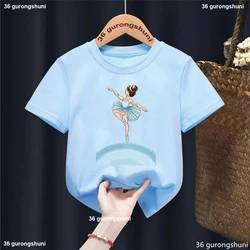 Newly Girls T-Shirts Blue Rainbow Ballet Dance Girls Print Tshirt Cute Toddler T Shirt For Kids Dance Costume Blue Tshirt Tops