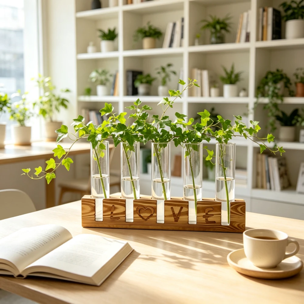 Nordic Glass Hydroponic Test Tube Vase with Wooden LOVE Base Water Nourishing Green Plant Flower Arrangement Contain Home Decor
