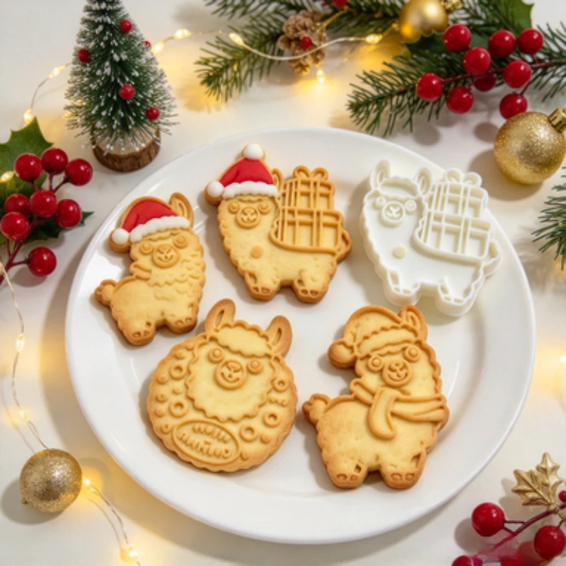 4Pcs Christmas Alpaca Cookie Cutter Set,Plastic Cookie Stamp Molds,Reusable Fondant Baking Tools for Holiday Party Baking Gifts