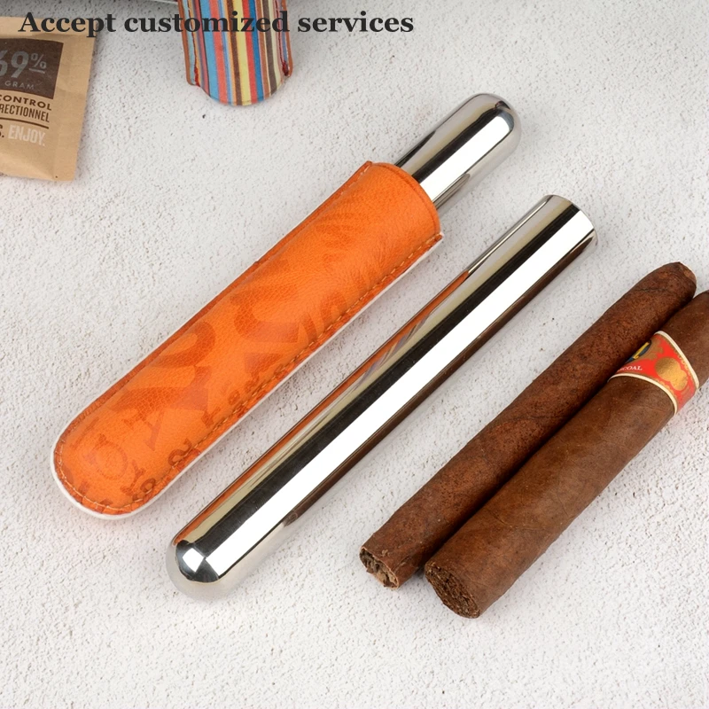 Orange sheep Skin Cigar Case Real Leather Cigar Tube Stainless Steel Cigar Holder 20mm Mini Humidor Best Smoking Accessory