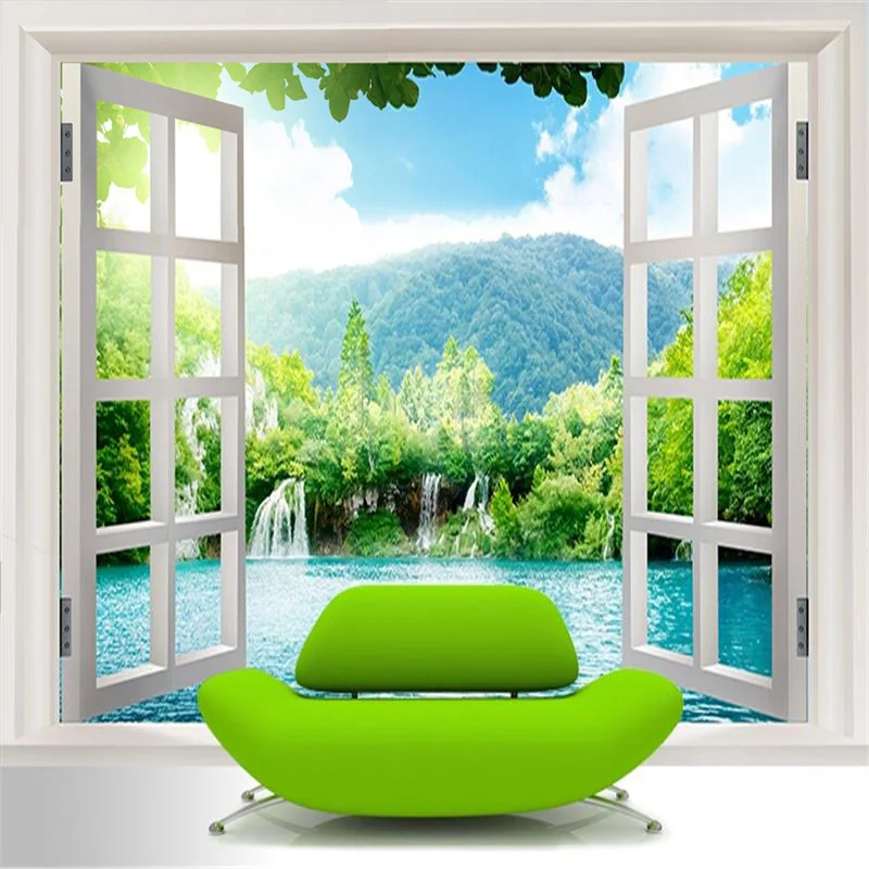 Custom 3D Muurschildering Behang Venster 3D Watervallen Forest View Art Mural Living Slaapkamer Hal Kinderkamer Foto Behang