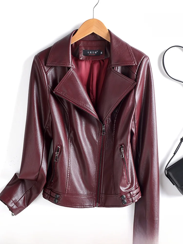 Real Leather Biker Jaet Women's ort Sle Spring Autumn New Arrival Zipper Closure Slim Fit eepskin Coat Hong Kong Sle