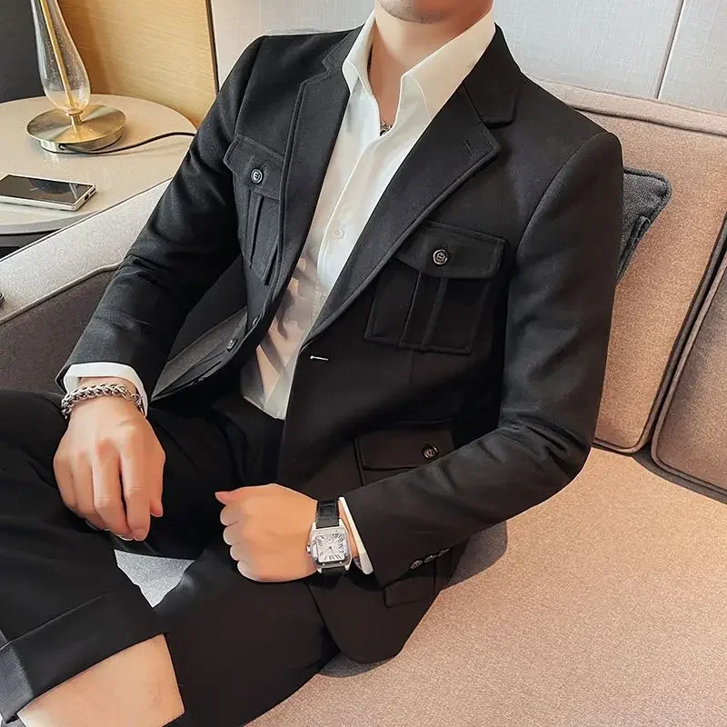 Tweed Male Blazer Coat Short Cropped Single Breasted Men\'s Suit Jackets Original Fashion 2024 Simple Clothing High Quality New