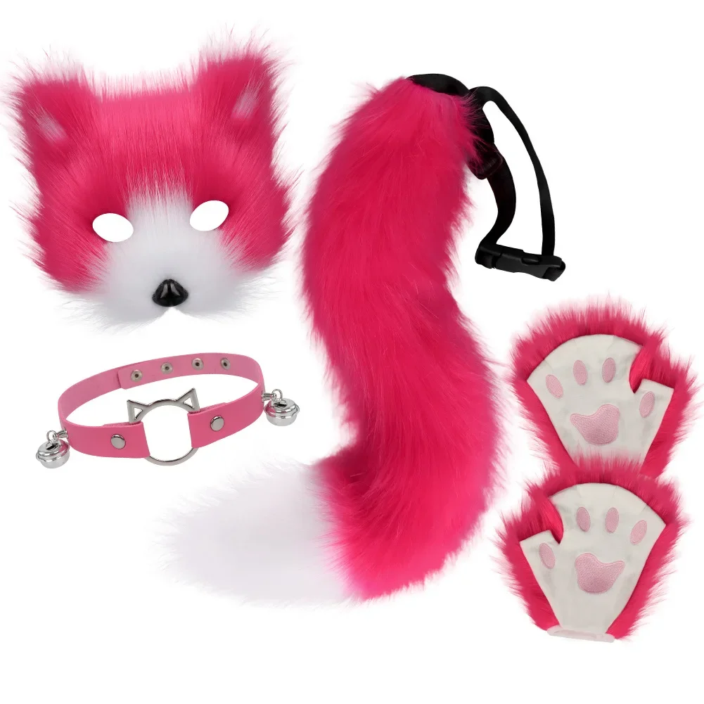 5点セット-ホットセール-ふわふわの毛皮-フォックステール-猫の手袋-ウルフマスクセット-ハロウィンコスプレコスチュームアクセサリー-テーマパーティー仮装小道具