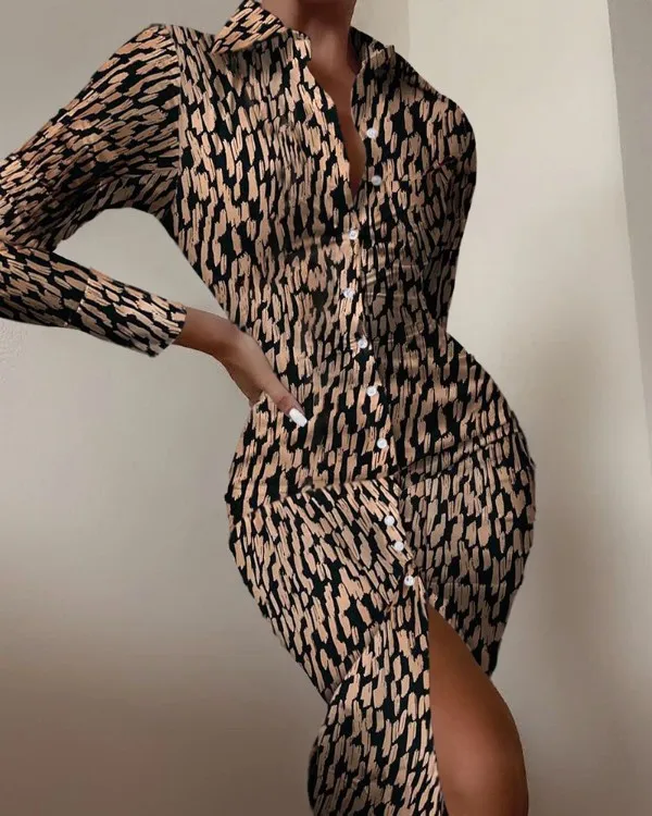 

Длинные платья, женское платье-рубашка с принтом, однобортное платье с отложным воротником и узкой талией, макси-платье 2024, осеннее офисное женское платье, Vestidos