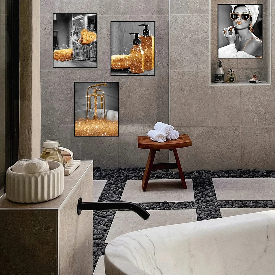 Modern Fashion Woman Gold Glam Glitter Diamonds Painting Home Decor Black White Sexy Girl Full Square Drill Bathroom Moasic Art