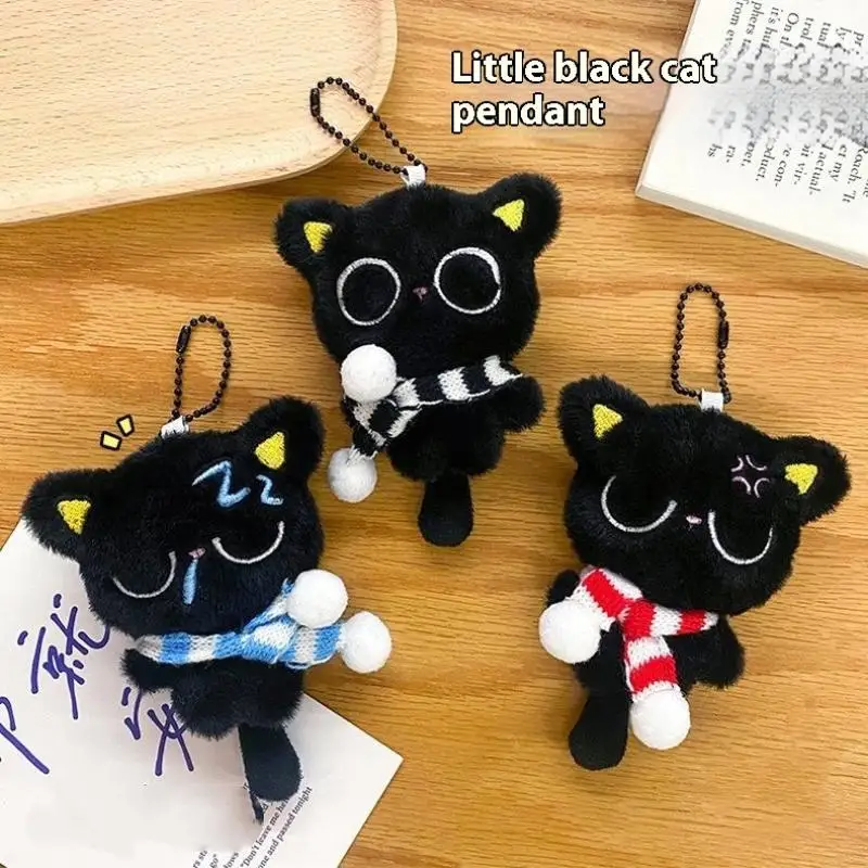 Porte-clés poupée en peluche chat noir, dessin animé, doux, joli sac d'école, pendentif, décoration, cadeaux