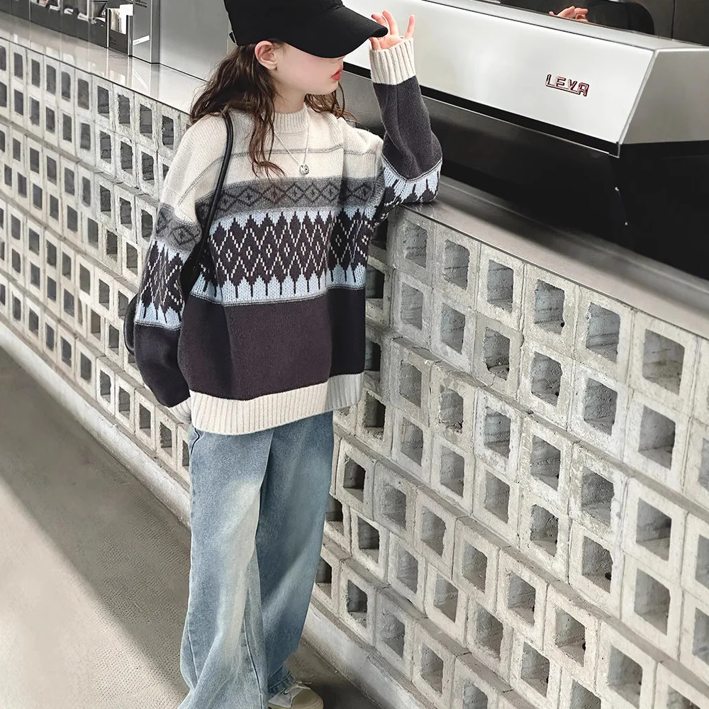 

Girls Suits 2024 Autumn New Childrens Clothes Girls Baby Foreign Style Diamond-shaped Plaid Sweater Jeans Two-piece Set