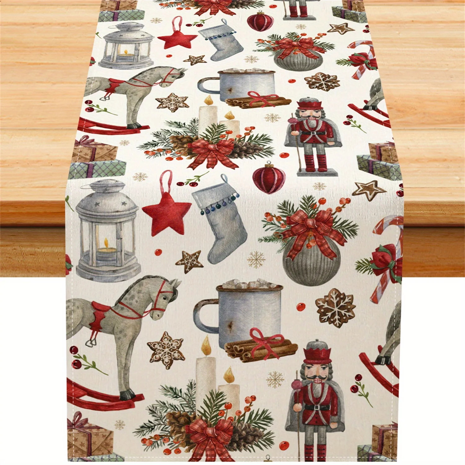 1 Stück Vintage-Weihnachts-Collage-Tischläufer, Nussknacker und Schaukelpferd-Design, festliche Heimdekoration für Weihnachts-Esstisch