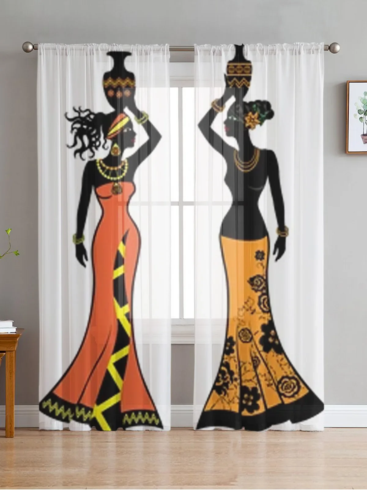 Beautiful African Woman With Vases Chiffon Sheer Curtains For Living Room Bedroom Decor Kitchen Window Voiles Tulle Curtain