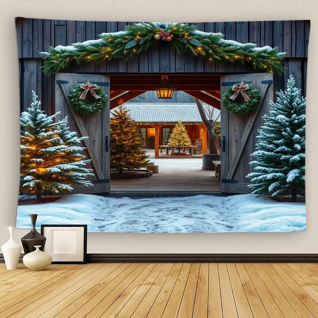 Farmhouse Christmas Tapestry Wall Hanging Rustic Wooden Barn Doors Snowy Scene Wreaths Garlands Lightweight Polyester Fabric