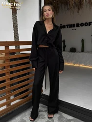 Clacive Fashion Loose Black Linen Trousers Sets For Women 2 Pieces 2024 Elegant Long Sleeve Crop Shirt With High Waist Pants Set