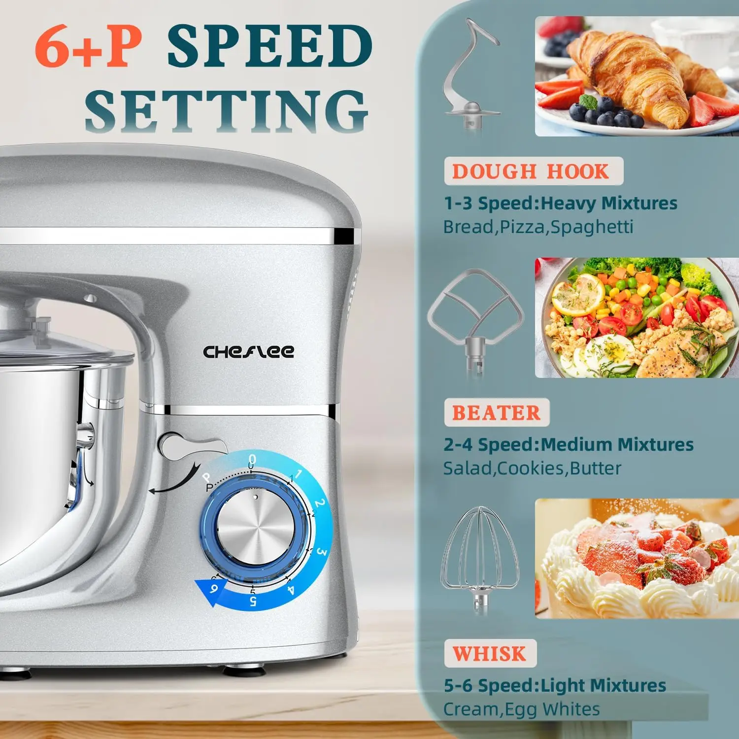 خلاط مطبخ فضي بقدرة 600 وات 6.5 كوارت مع وعاء من الفولاذ المقاوم للصدأ وخطاف عجين وخفق وخافق للخبز والطهي