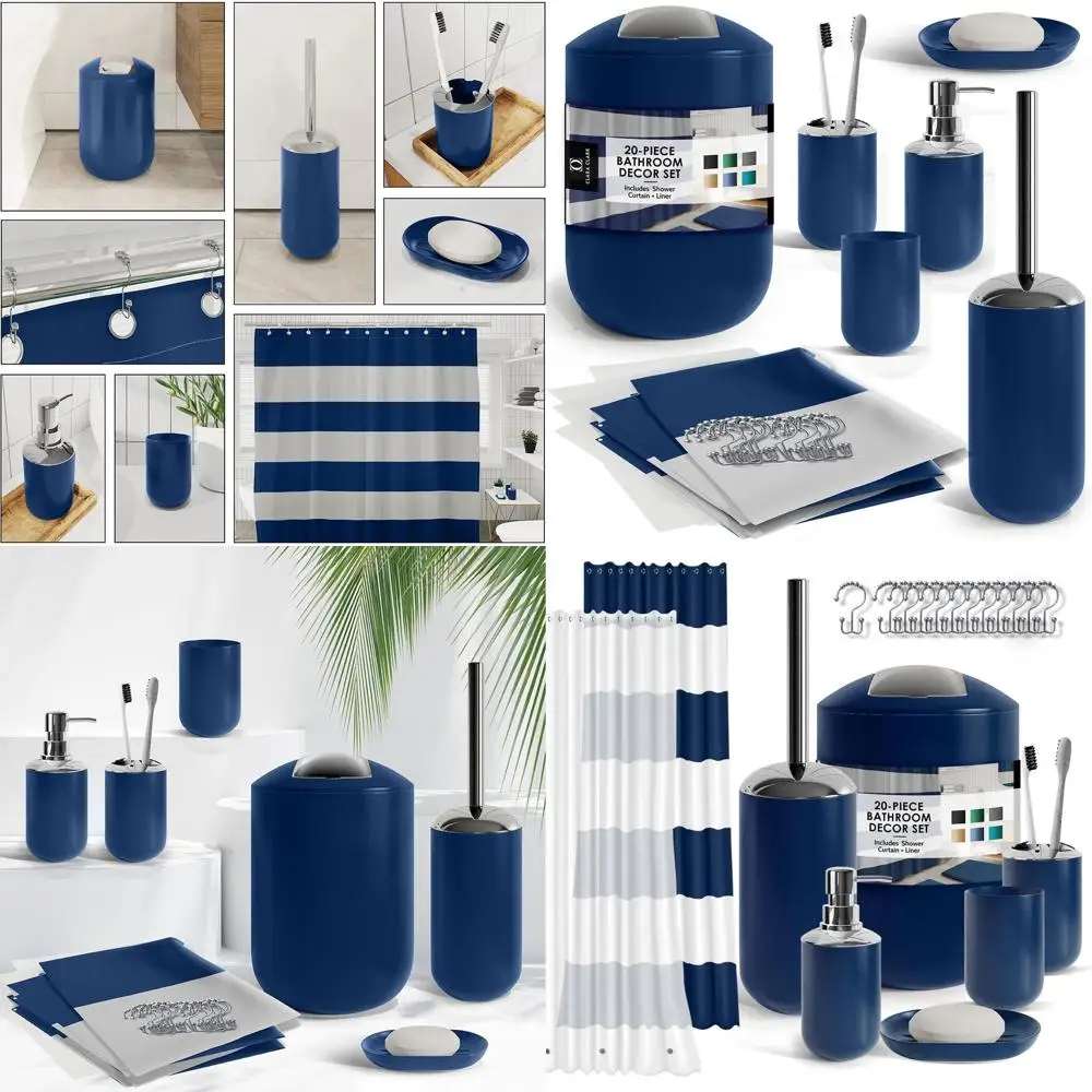 

20-Piece Navy Bathroom Accessory Set with Shower Curtain, Liner, Holders, and Trash Bin