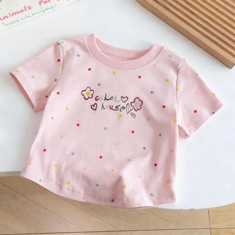 Girls' Cartoon Short Sleeved Summer New Slanted Shoulder T-Shirt Children's Kawaii Half Sleeved Children's Korean Style Tops